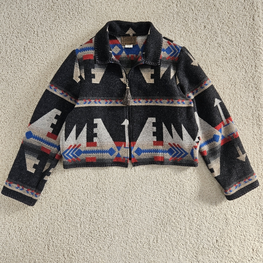 Vtg Roughrider Circle T Southwest Jacket Aztec Large Womens Wool Blend Western